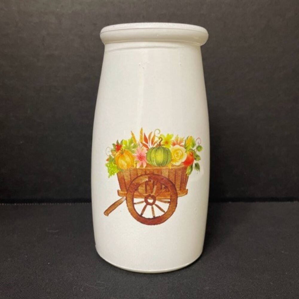 Vtg Gogo Milk Glass Bottle #11 Vase Autumn Fall Wheelbarrow‎ Pumpkins Flowers